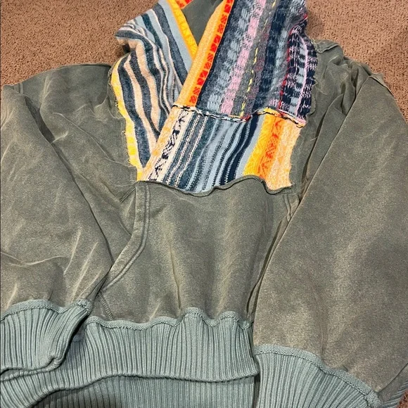 NWT Free People February Sweatshirt teal combo xL green sweater hood - Picture 4 of 5